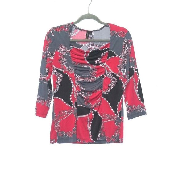 Womens baroque Top belt print Pull Over stretch Sz S Gray Pink gathered bust VTG - Picture 1 of 8